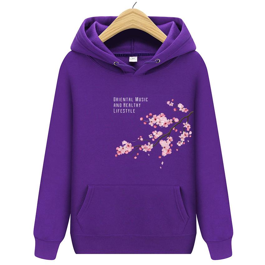 Men's and Women's Hoodie Fleece Fleece Autumn One Plum Blossom Printed Hooded Sweatshirt Street Wear Pullover