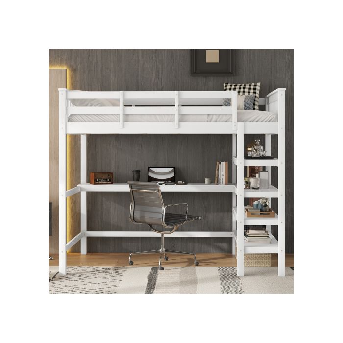 Hochbett - MUVOE - 140 x 200 cm - Integrierter Schreibtisch - Staufächer - Weiß