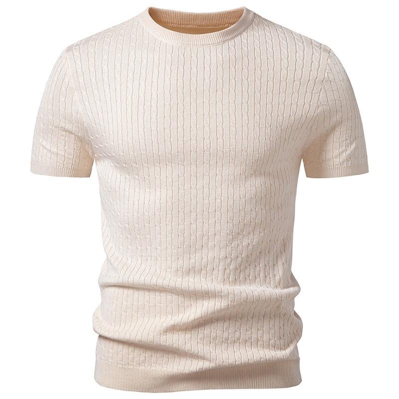 Herren Grau Geripptes Kurzarm-T-Shirt mit Rundhalsausschnitt
