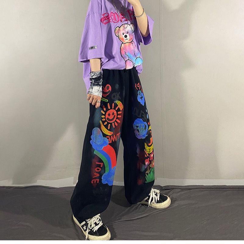 Y2k Graffiti Cartoon Women Hip Hop Straight Pants Streetwear Fashion Spring Autumn New Letter Loose Casual Wide Leg Trousers