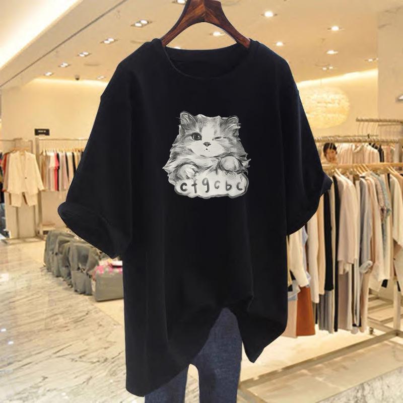 Women's Summer Loose Cartoon Cat Print Cotton T-Shirt