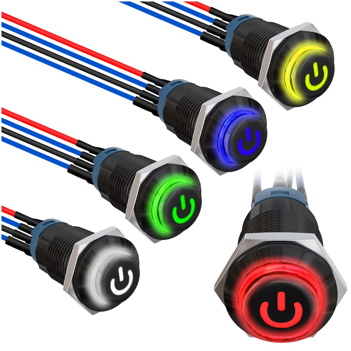 

MKBKLLJY 5pcs 12mm Momentary LED Push Button Switch SPST 2 Position On/Off Pre-Wired for Car (Red/Yellow/Blue/Green/White)