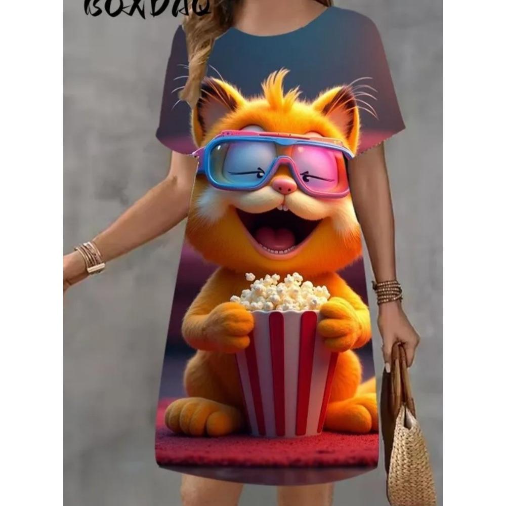 Robe d'été courte à manches courtes imprimée, motif animal créatif et amusant de dessin animé, grande taille, décontractée, confortable, douce pour femme