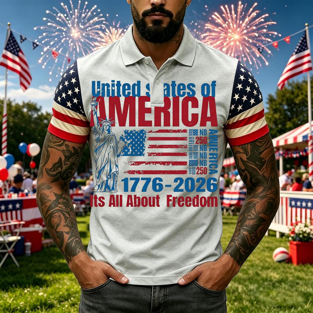 Men's Casual Short Sleeve Polo Shirt with Graphic Print and American Flag Pattern Sleeves Button Down Collar Athletic Fit