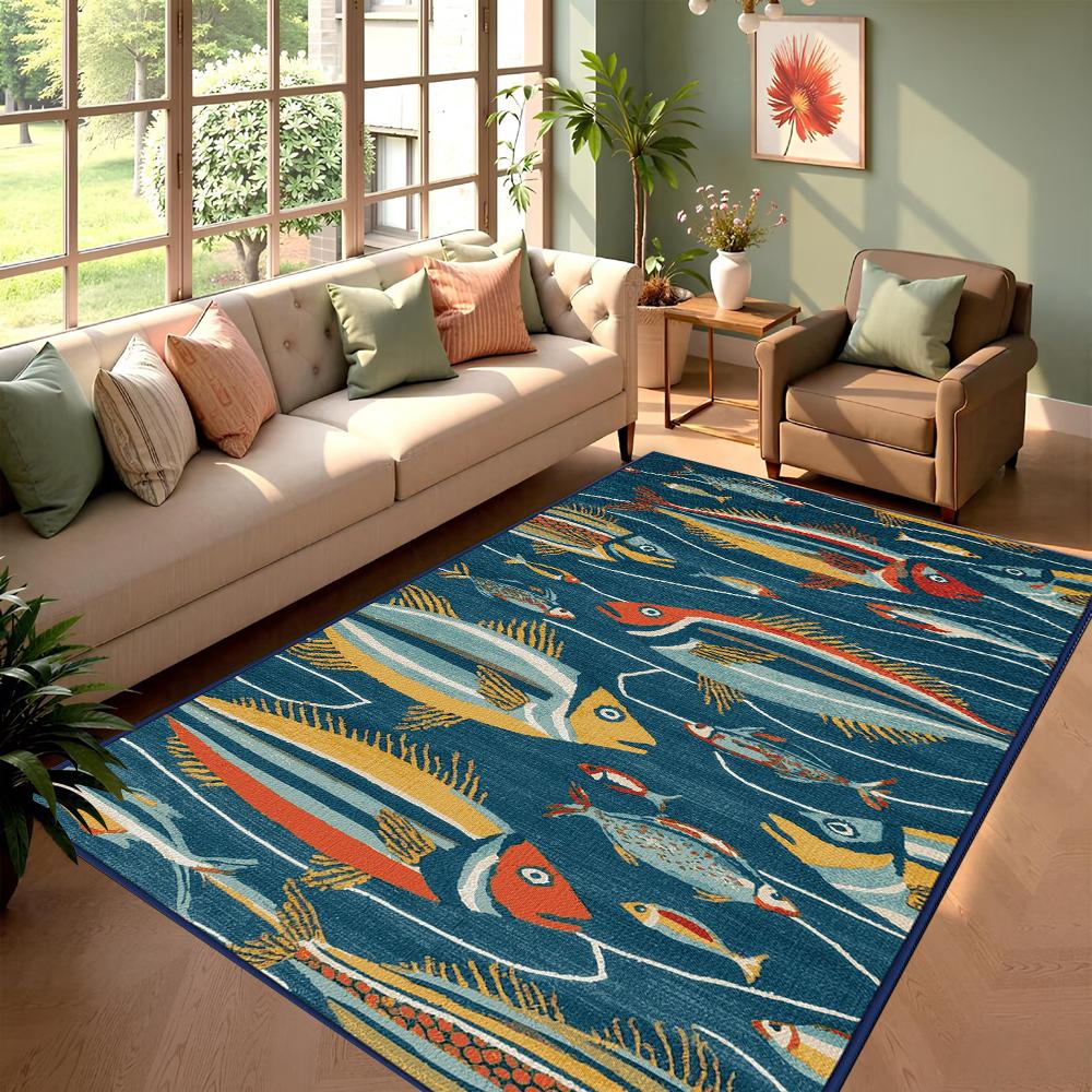 

Cartoon Fish Print Carpet Mat Ocean Series Living Room Kitchen Decorative Floor Mat Blue Artistic Home Decoration Carpet 40x60cm