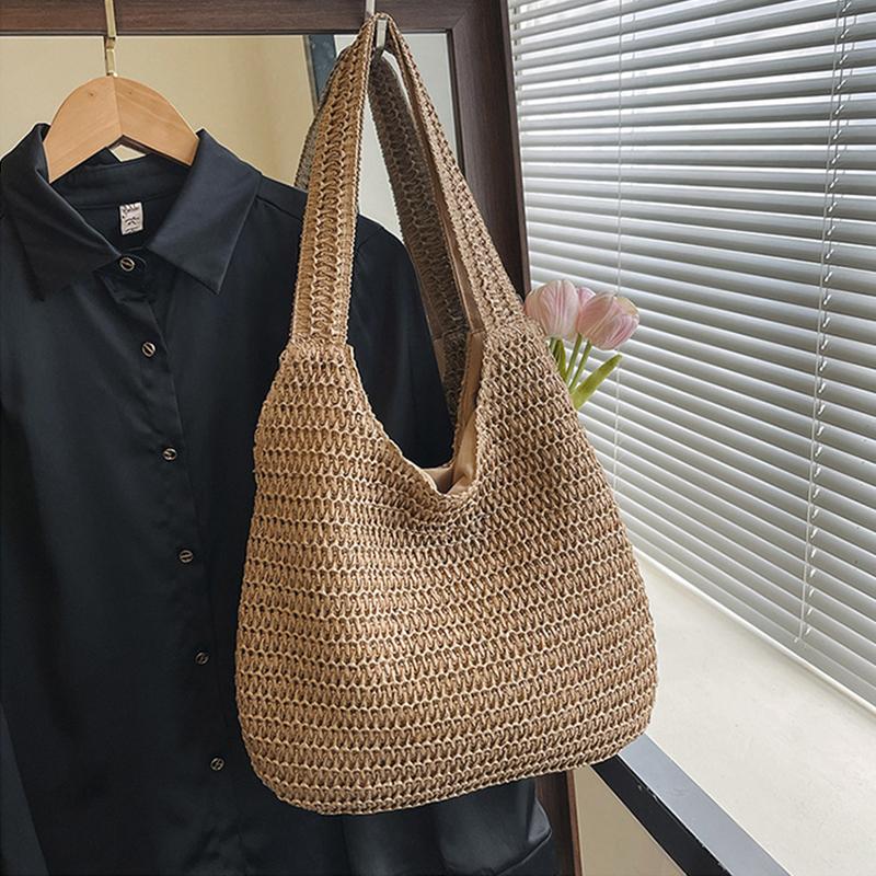 Solid Color Woven Tote Bag Hollow Out Breathable Shopping Straw Bag Lightweight Summer Beach Handbag For Women AVE