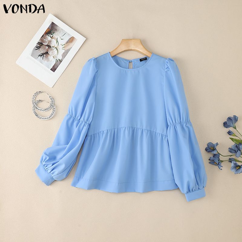 

VONDA Women Casual Round Neck Puff Long Sleeve Solid Color Loose Blouse 5XL синий