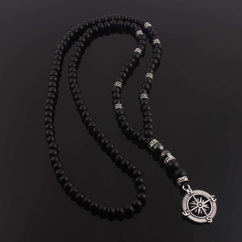 6mm Matte Black Obsidian Necklace with Compass Pendant for Men Handmade Zircon