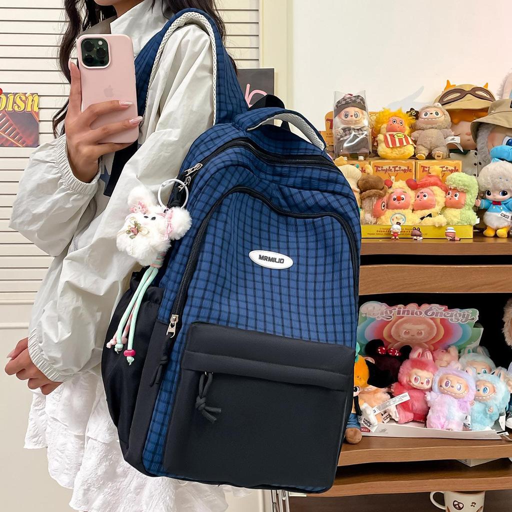 Schoolbag Korean version of the new high-value fresh college style contrasting color plaid backpack junior high school students lightweight
