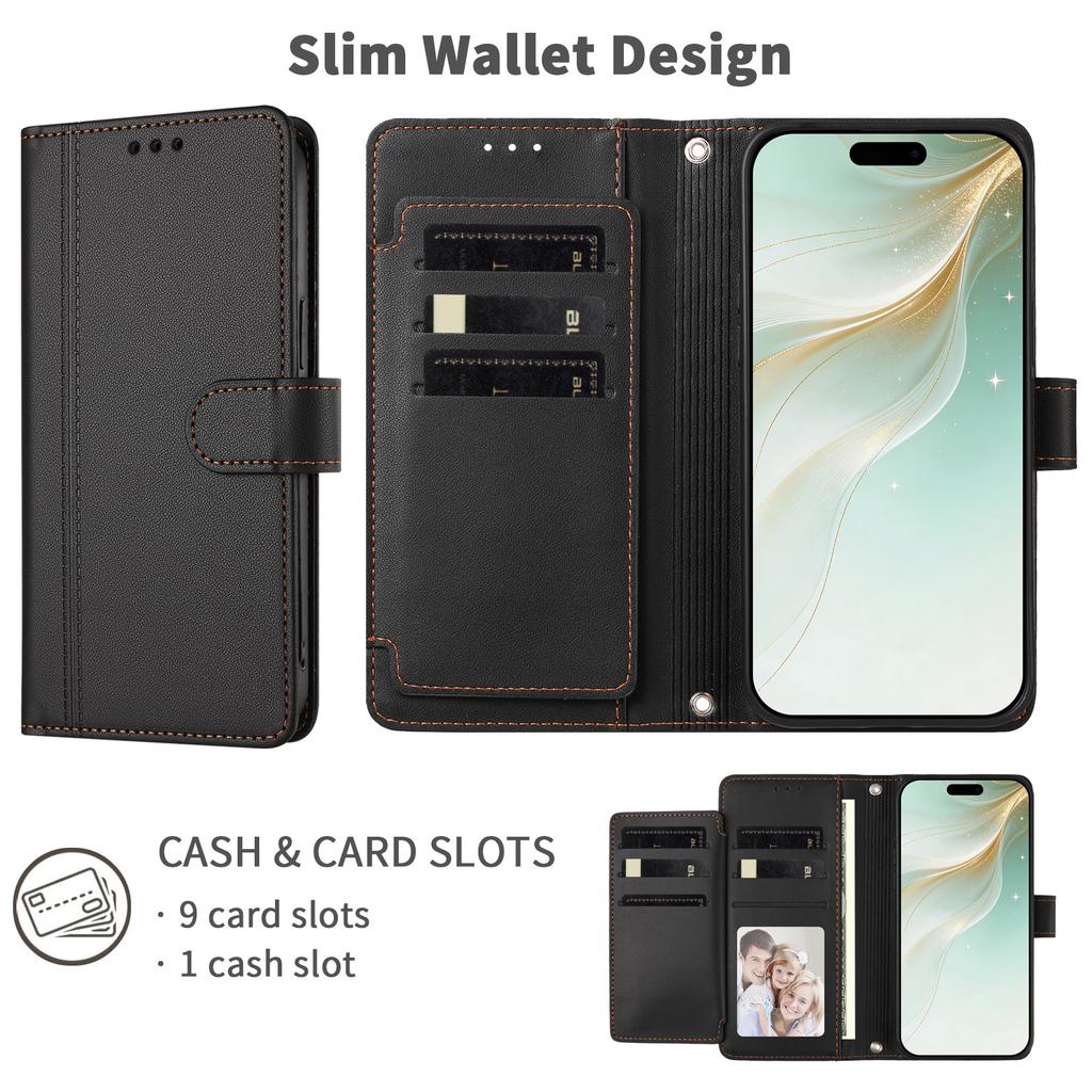 Leather Wallet Flip Case For Nokia C01 Plus C30 C10 C20 C300 C02 C32 C12 X30 X20 X10 G21 G11 G20 G10 G400 G42 G22 PU with 9 Card Slots and Wrist Strap