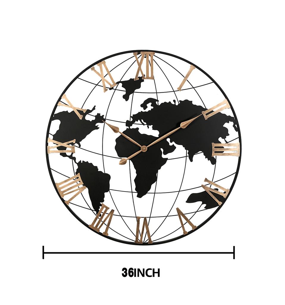 36 Inch Extra Giant Large Black Metal Wall Clock, Modern Silent World Map Wall Clock with Vintage Gold Roman Numeral, Decorative