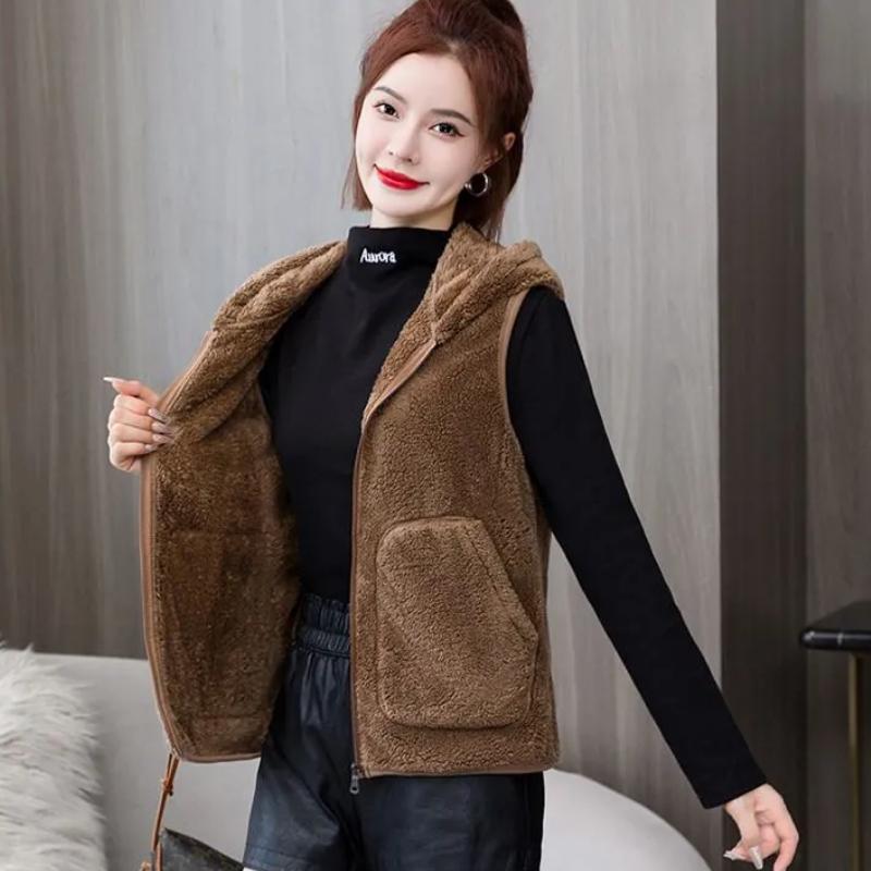 

Осенне-зимний жилет из кораллового флиса, женский, большой размер, утолщенный, теплый, свободный, с капюшоном, модный жилет XL коричневый