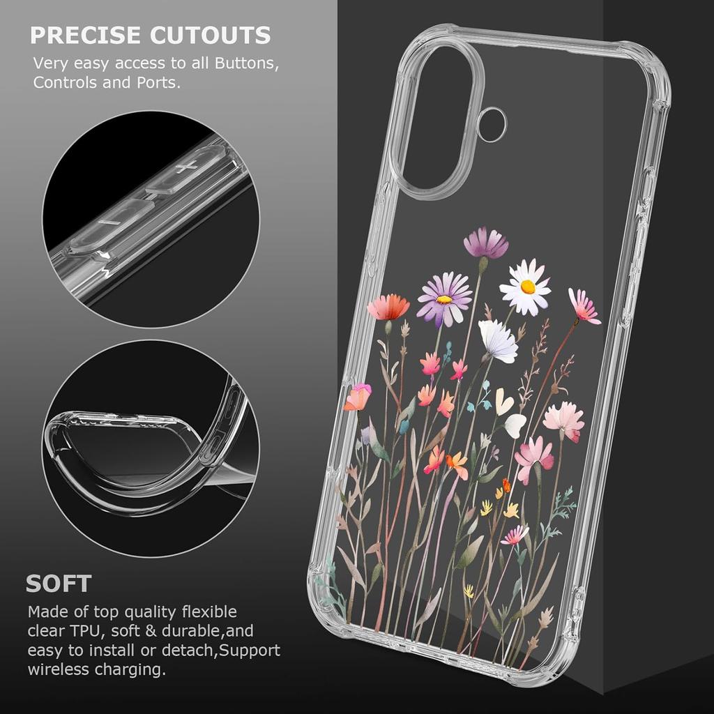 Floral Clear Case for iPhone 16 for Women Girls,Cute Flowers Design Phone Cover,Slim Soft Transparent Drop Proof Pretty Flower Print Pattern TPU