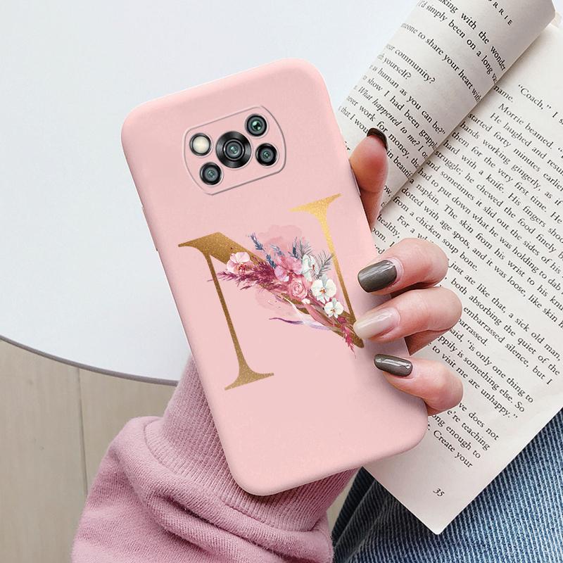 Letter Case For Poco X3 NFC PocoX3 Pro Back Cover Retro Flowers Pink Black Soft TPU Initial Fundas For Xiaomi Poco X 3 Pro Coque