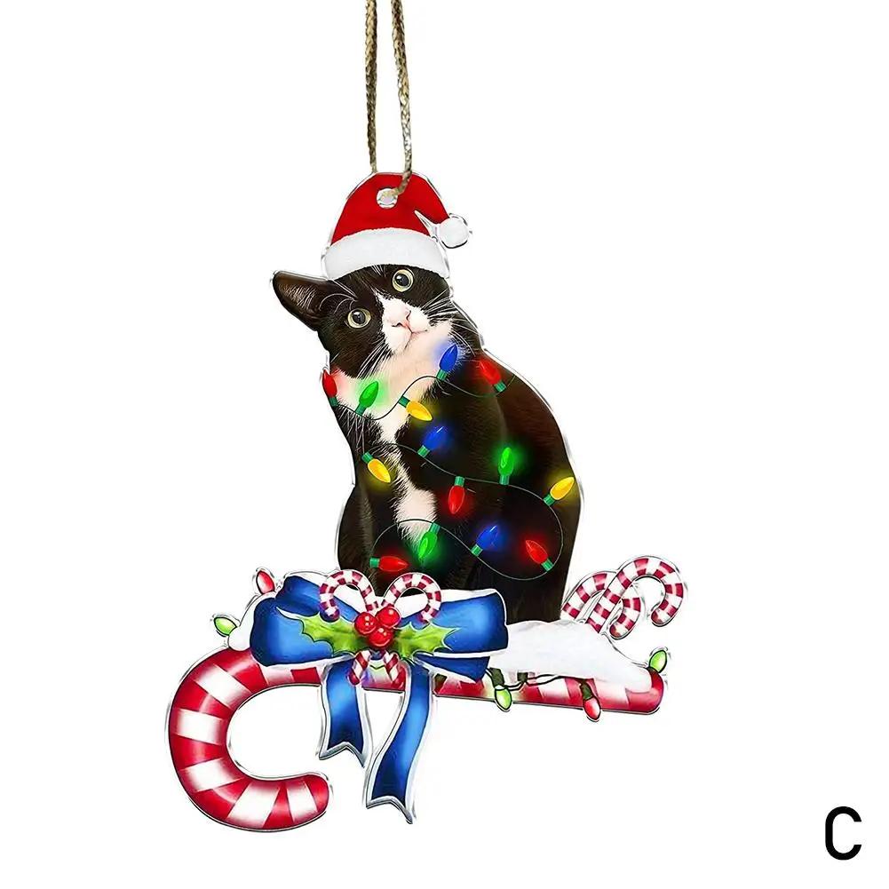 Charming Black Cat Christmas Ornament 2D Acrylic Hanging Decor For Tree Car Mirror Keychain Kid Xmas Gift Holiday Party Sup Q3E6