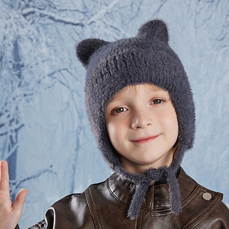 Thickened Knitted Cap Winter Hat For Kids With Thermal Ear Protection Cold Weather Windproof Design Polyester