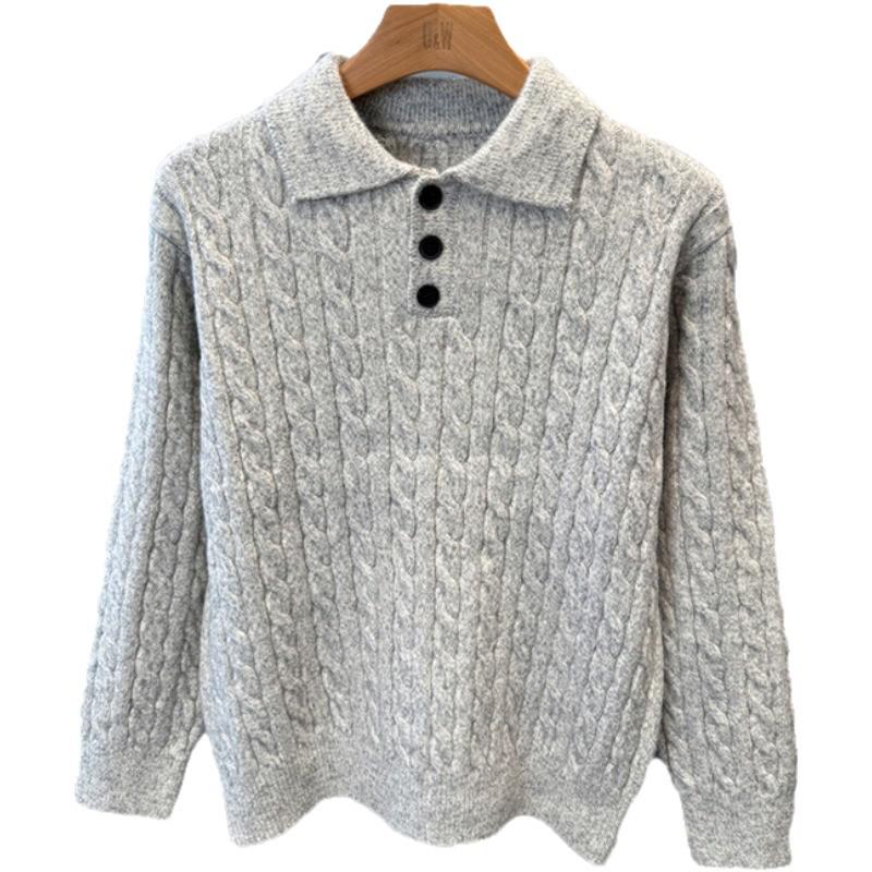 Men's High-End Solid Color Cable Knit Sweater with Lapel, Thickened and Warm for Autumn/Winter, Inner or Base Layer.