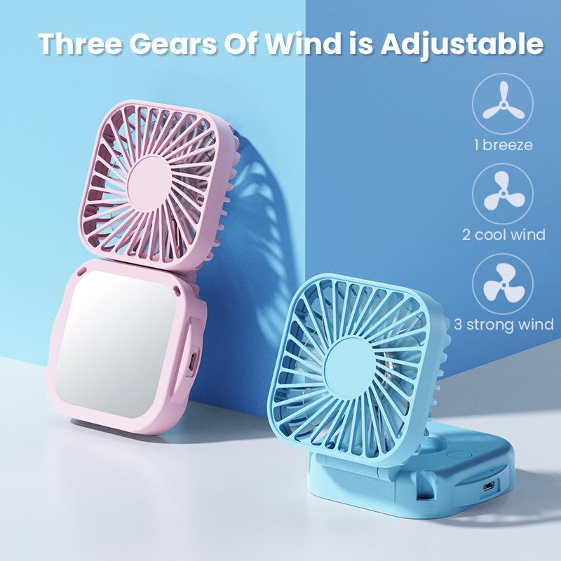 Hanging Neck Mini Fan LOGO Customization Cooling Small Fan Foldable Portable USB Rechargeable Handheld Fan with Makeup Mirror