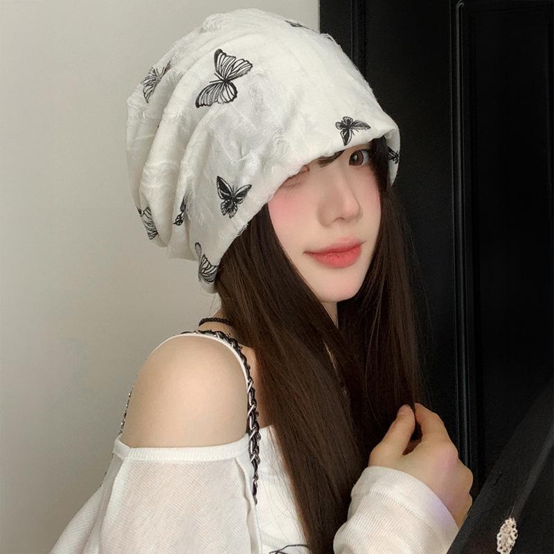 Niche Design Butterfly Pile Hat Female Hottie Wind Big Head Circumference Show Face Small Cold Hat Windproof Bag Head Confinement Hat