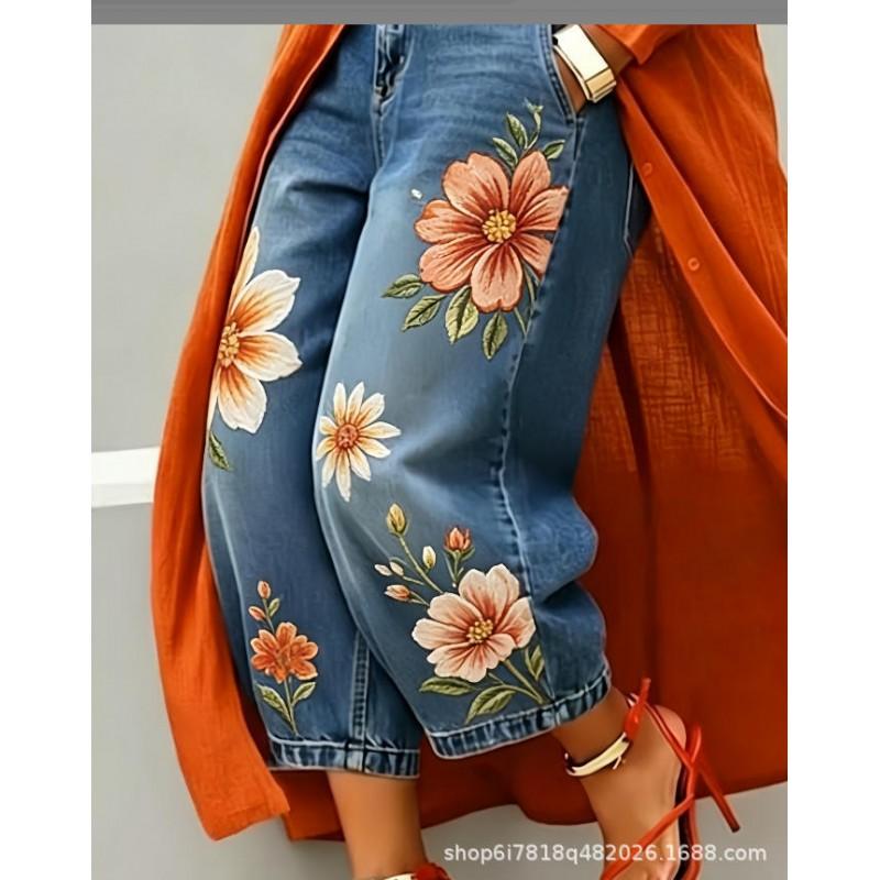 2026 Womens Wide Leg Denim Pants Loose Fit Printed Casual Trousers Mid-Rise Straight Cut