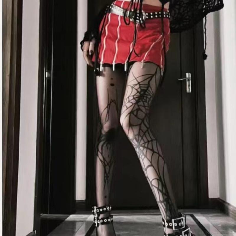 

Готические шелковые чулки с узором «Большой паук», готические винтажные темные сетчатые колготки, женские альтернативные сексуальные колготки-ведьмы с паутиной One Size