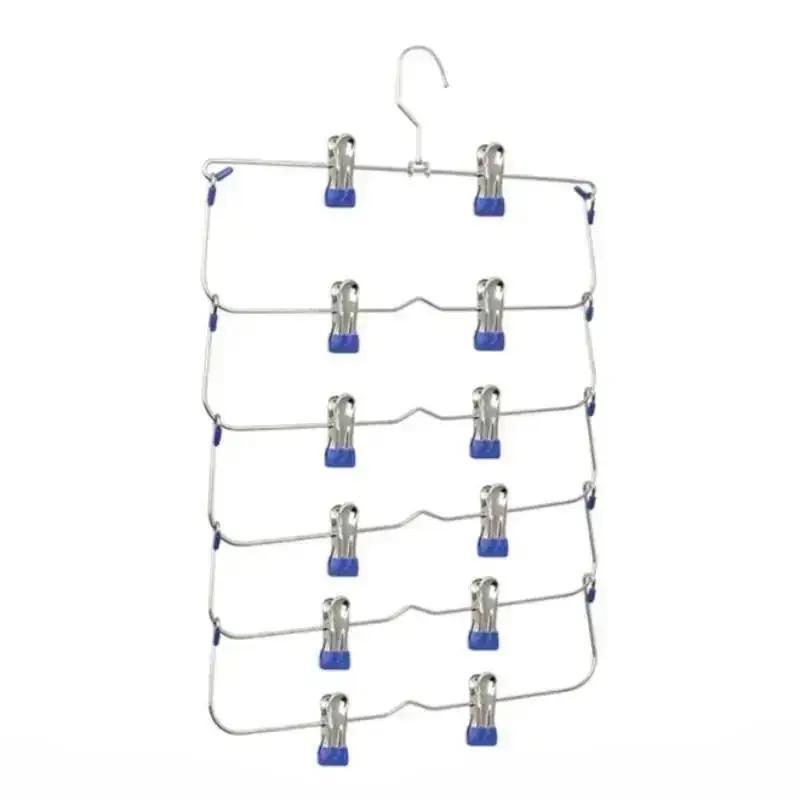 

1 шт. 6-слойные вешалки для одежды, многослойная вешалка для юбок и брюк, для брюк, нескользящая металлическая вешалка с прищепками, стойка-держатель для хранения одежды синий