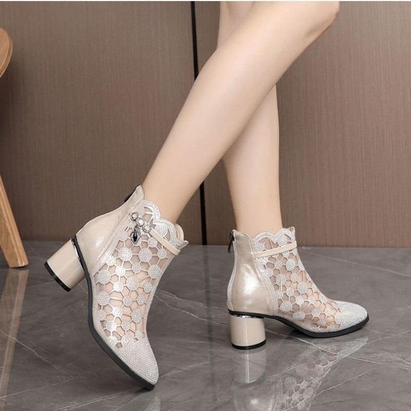 Real soft leather mesh cool boots spring and autumn hollow sandals rhinestone breathable thick heel short boots women's single boots