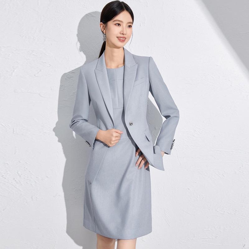 Women's High-End Gray-Blue Slim Fit Professional Suit Set - Includes Dress and Skirt