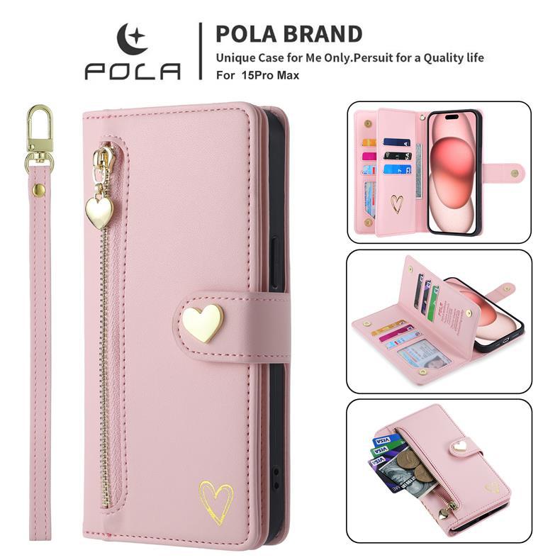 Applicable iPhone17ProMax Phone case with gold-embossed heart and zipper card slot17/16Flip cover with card slot15Wallet