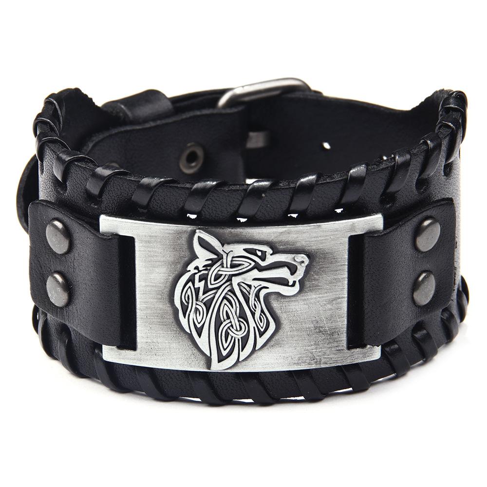 Men's Stylish Viking Themed Leather Wristband Bold Wolf Motif Metal Embellishment Bracelet Punk Rock Parties Jewelry Unique Gift