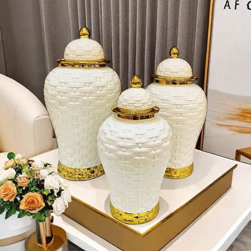Ceramic Pot Ginger Jar Weave Pattern Ceramic Checkmate Jar Storage Tank Golden Flower Vase Home Decoration Accessories