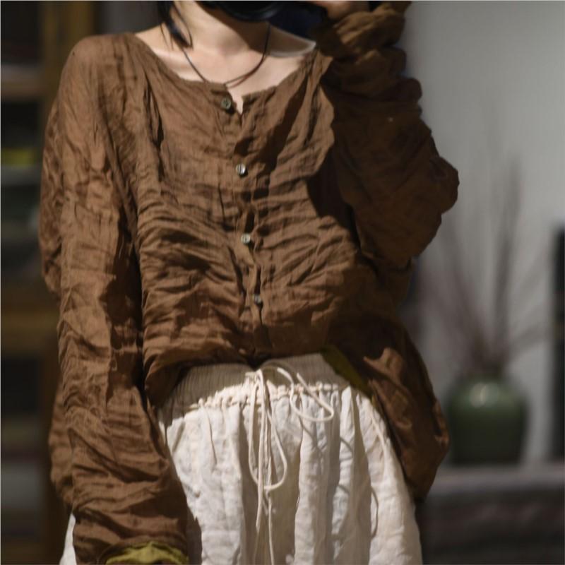 Johnature Женская зимняя рубашка с круглым вырезом и длинными рукавами, модная винтажная однобортная рубашка в китайском стиле