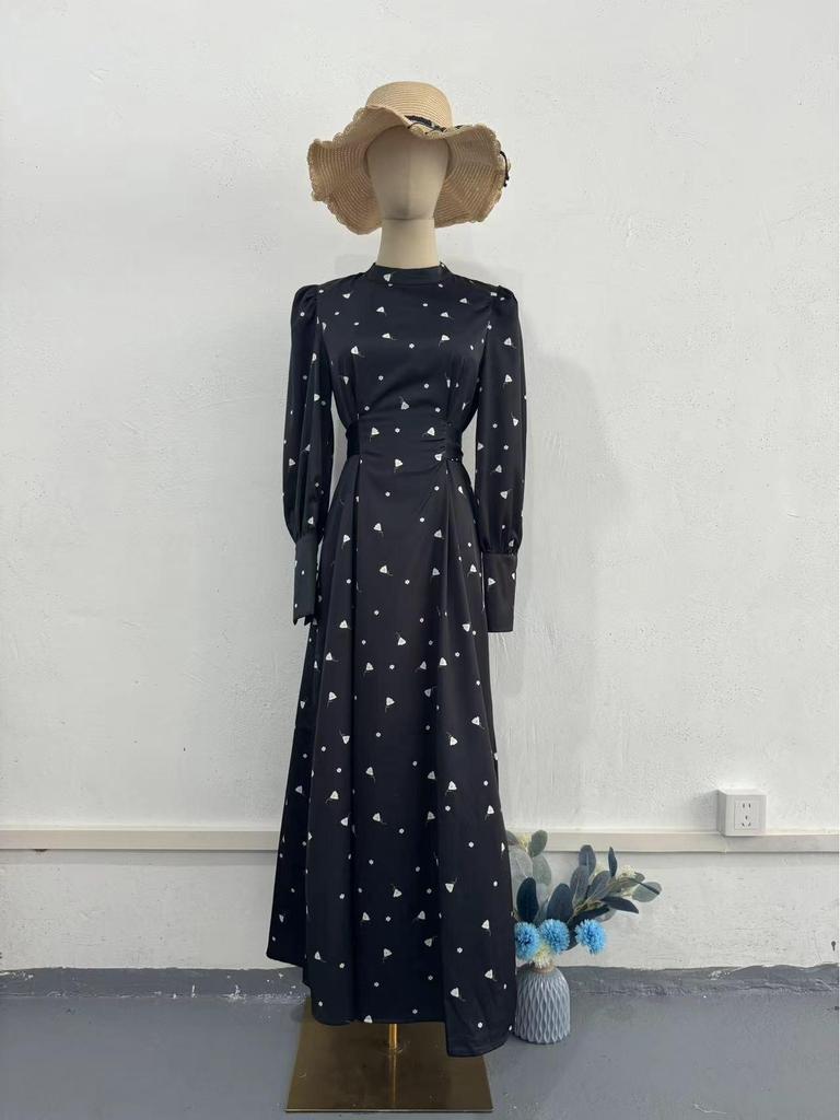 2025 Spring Loose Tie Floral Satin Long Sleeve Dress