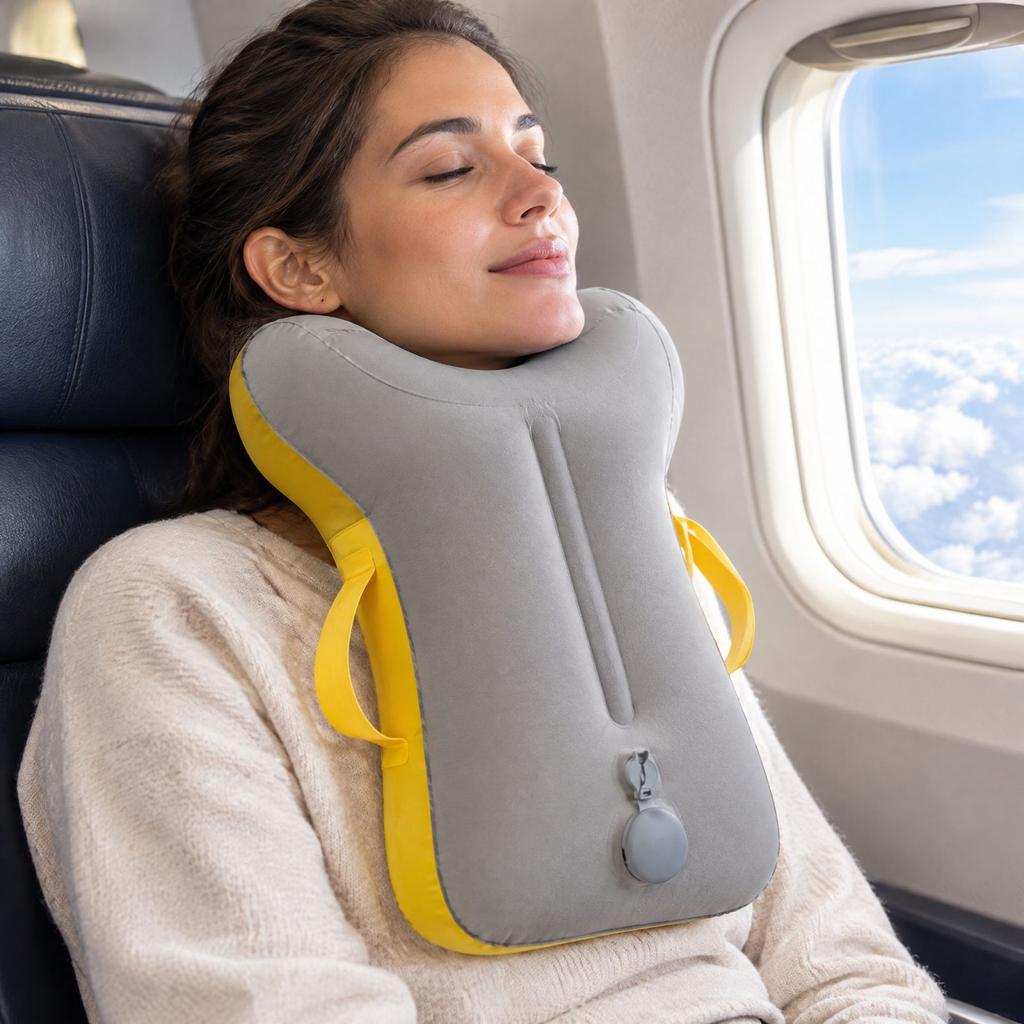 Portable Inflatable Travel Compact Neck Cushion for Airplane Train Car and Outdoor Travel
