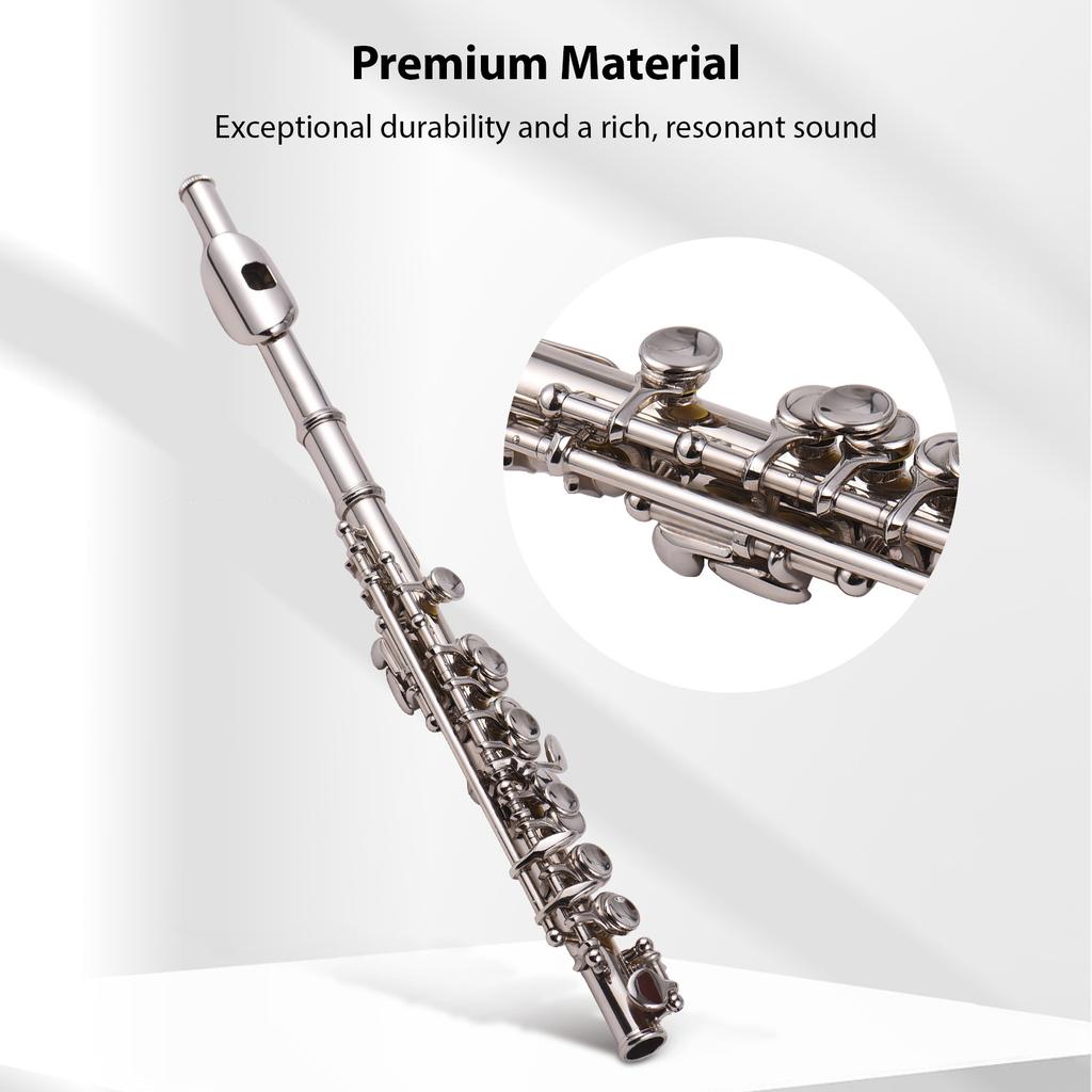 Piccolo Instrument White Copper Nickel Plated C Key Piccolo Flute for Beginners Students with Hard Case Cleaning Rod Cloth and Gloves