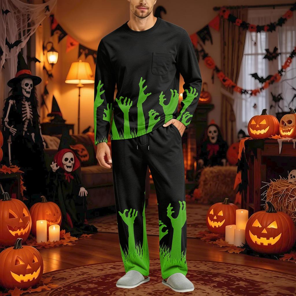 Men's Halloween Pajama Set Long Sleeve with Button Crotch and Elastic Waist Drawstring for Holiday Sleepwear