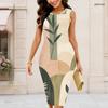 Women Plus Size Round Neck Sleeveless White Blue Printed Bodycon Midi Dress