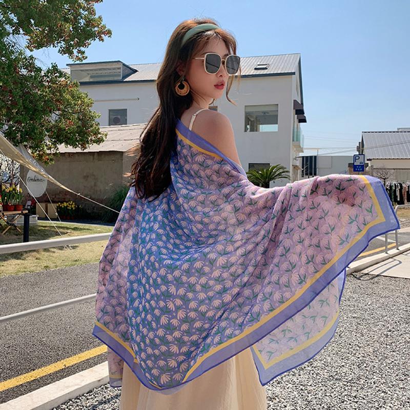 Summer Women Silk Scarf Beach Long Wrap Shawl Vintage Sweet Floral Lady Sunscreen Boho Bandana Hijab Mujer Scarve Pareo Foulard