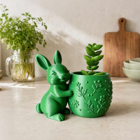 Mini Flowerpot 3D Printed Bunny Hugging Succulents Planter, Cute Rabbit Flower Pot with Embossed Planter Floral Body, Desk Decor for Office