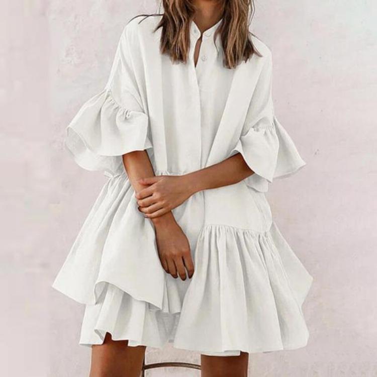 Summer Casual Loose Swing Dress for Women Babydoll Tiered Ruffle Sleeve Pleated Mini Mid-Length Dress Daily Life Beach Parties