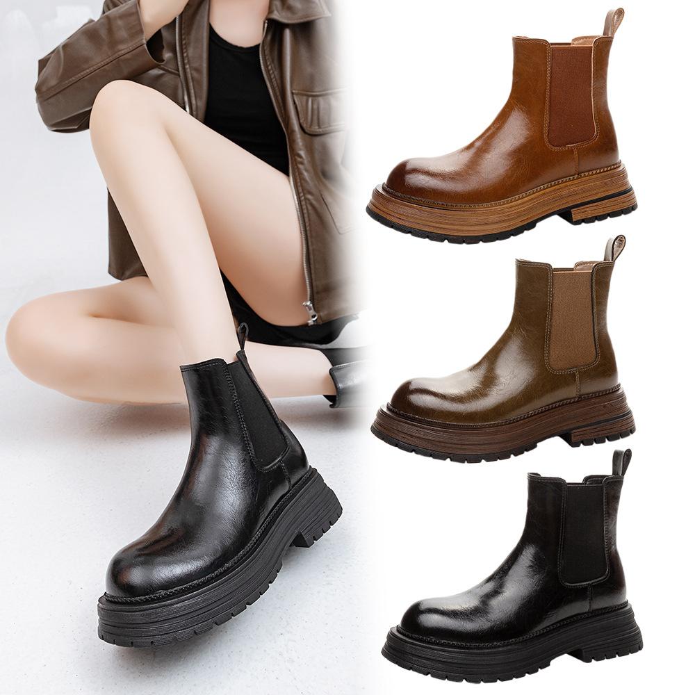Leather BV Retro Fashion Cigarette Boots Women's Thick-soled Heightening Women's Martin Boots Women's Boots 25 Autumn and Winter New Short Boots