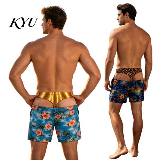 Summer Party Tricky Swimwear Hairy Big Booty Shorts, USA Flag Print Men Swim Trunks, Golden Funny 3D Visual Effect Shorts Briefs Design, Beach
