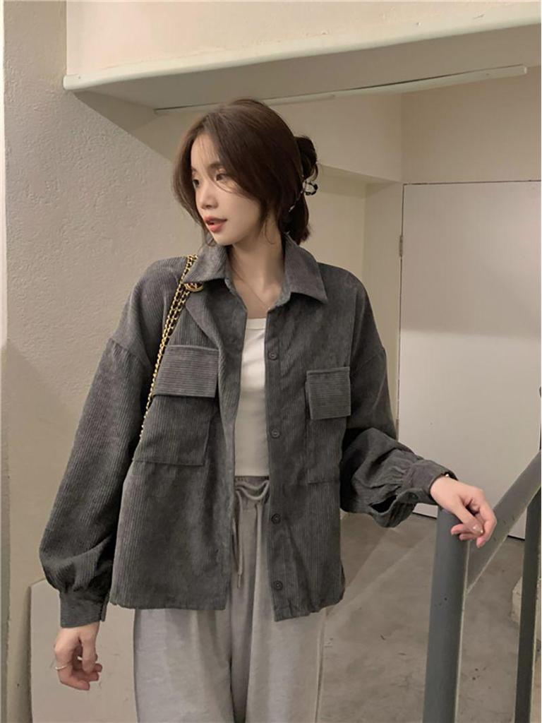 2025 Korean Style Corduroy Shirt Jacket: Autumn Winter Lapel Cardigan for Women