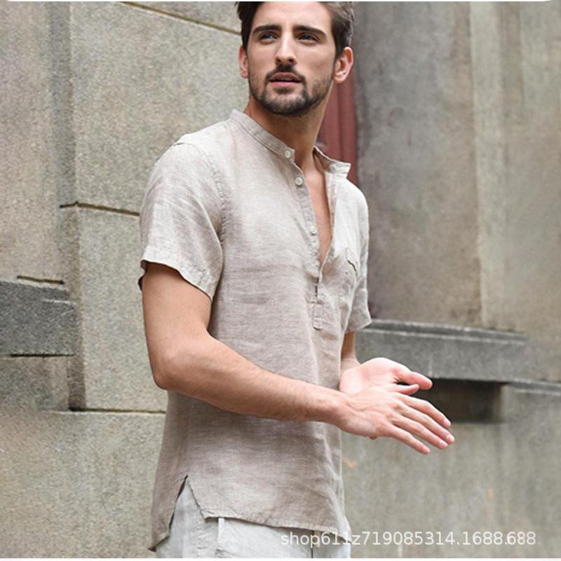 Men's Short Sleeve T-shirt Cotton and Linen Casual Men T-shirt Solid Color Summer Shirt Male Cozy Breathable