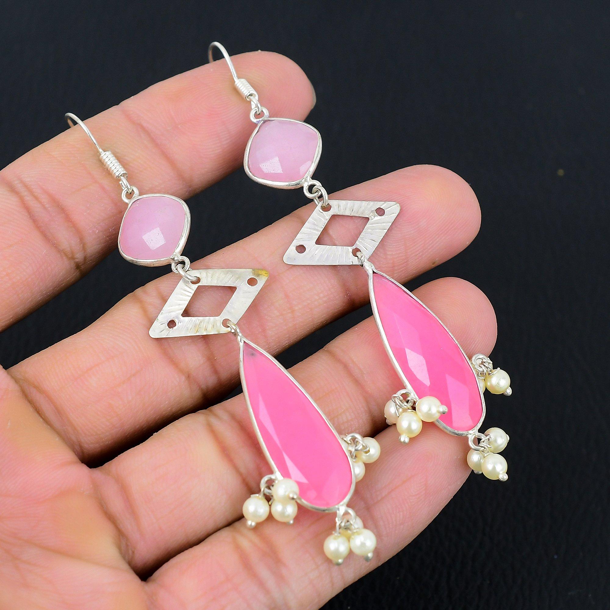 

Натуральный розовый халцедон стерлинговое серебро модные висячие элегантные серьги ювелирные изделия