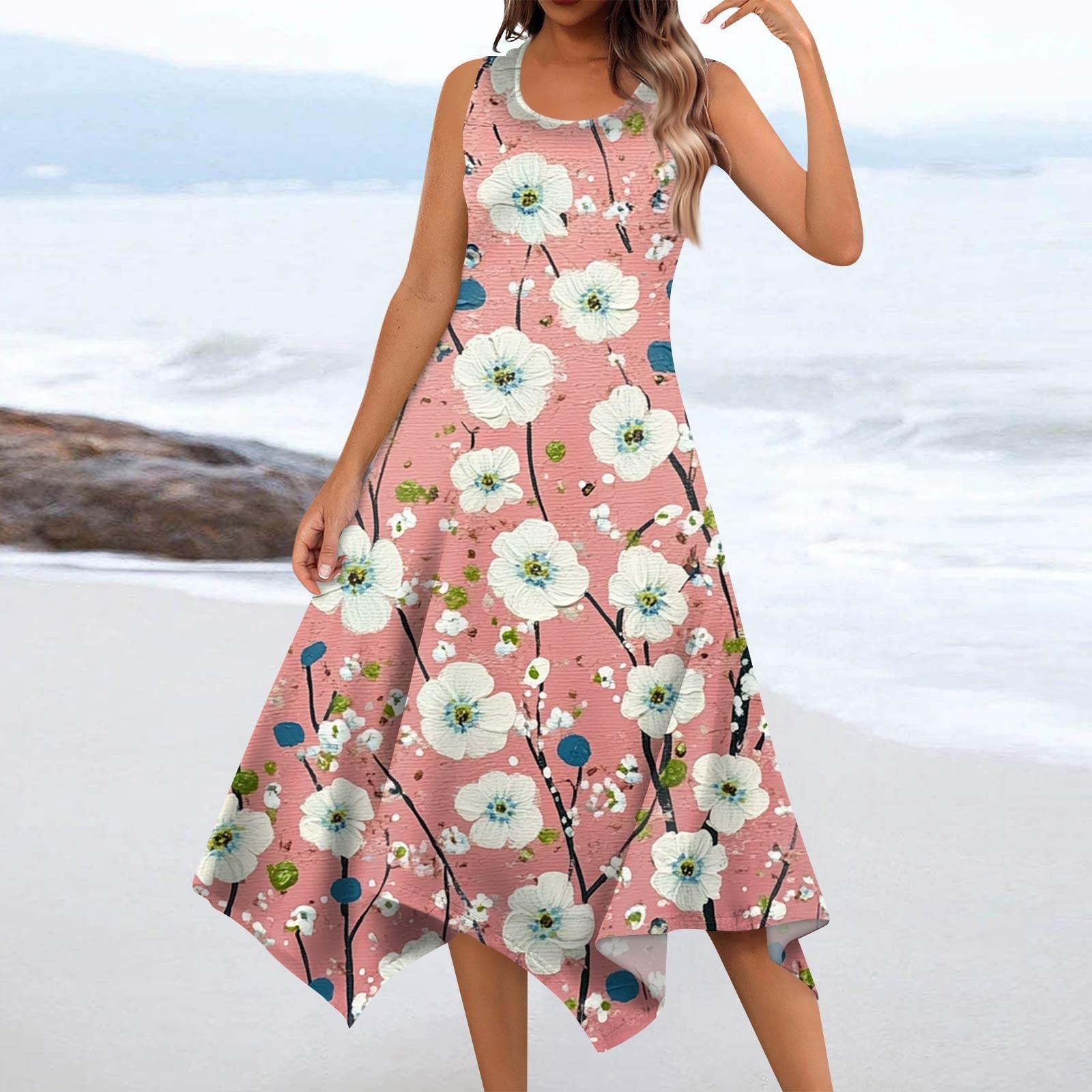 

Женские летние модные платья миди с круглым вырезом без рукавов и цветочным принтом, неровным подолом XL розовый