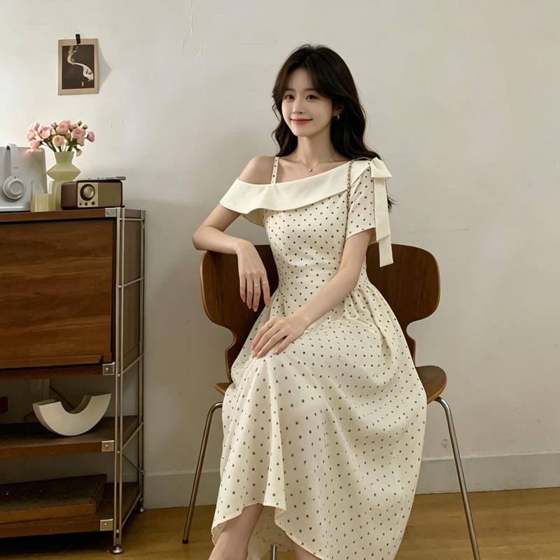 Style Polka Dot A Line Dress With Cinched Waist For Adult Women Spring