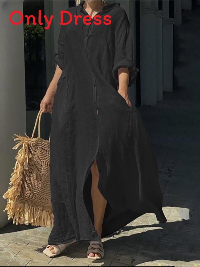 Baumwoll-Leinen-Langes Kleid Mit Stehkragen Für Lässigen Sommer Damen