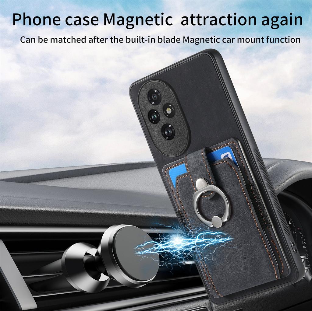 D2 for Honor 200 5G Case Elastic Card Holder Ring Kickstand Leather+TPU Phone Cover
