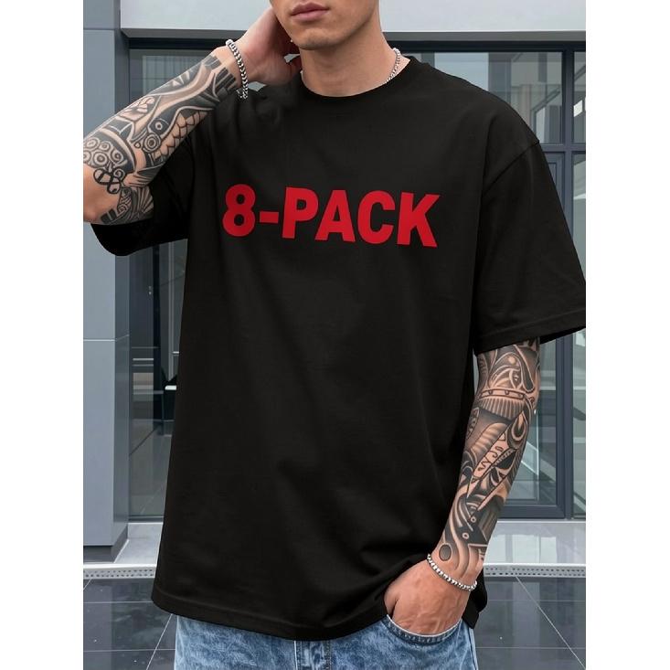 men's black short sleeve crew neck t-shirt with bold red 8-pack graphic print, relaxed fit cotton blend tee for casual streetwear daily wear